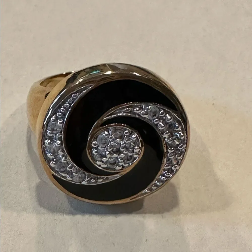Black Enamel swirl statement ring in gold tone